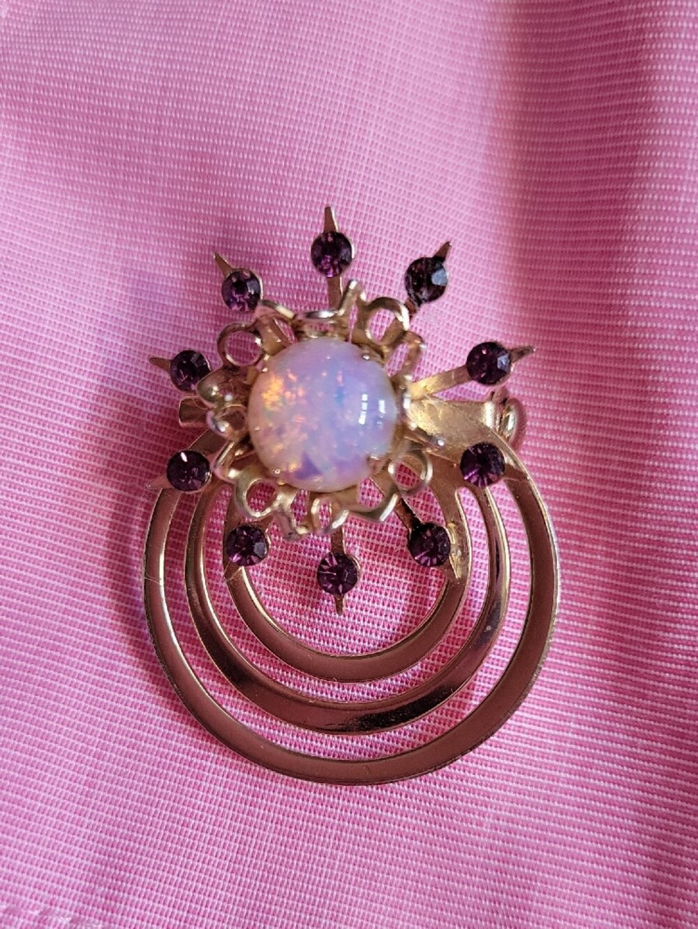 Gold-Tone Opal Center Brooch with Purple Accent Stones - Women Jewelry